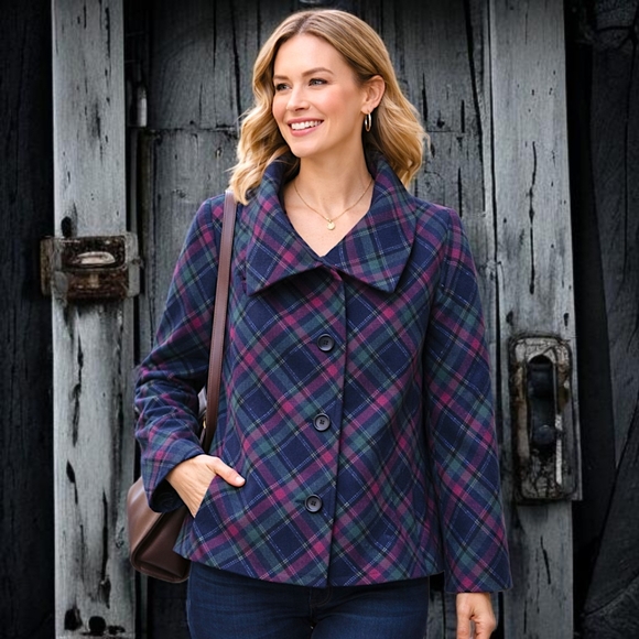 Talbots Jackets & Blazers - Talbots Plaid Wool Blend Jacket 18W Pea Coat Pocket Swing Lined Oversized Collar